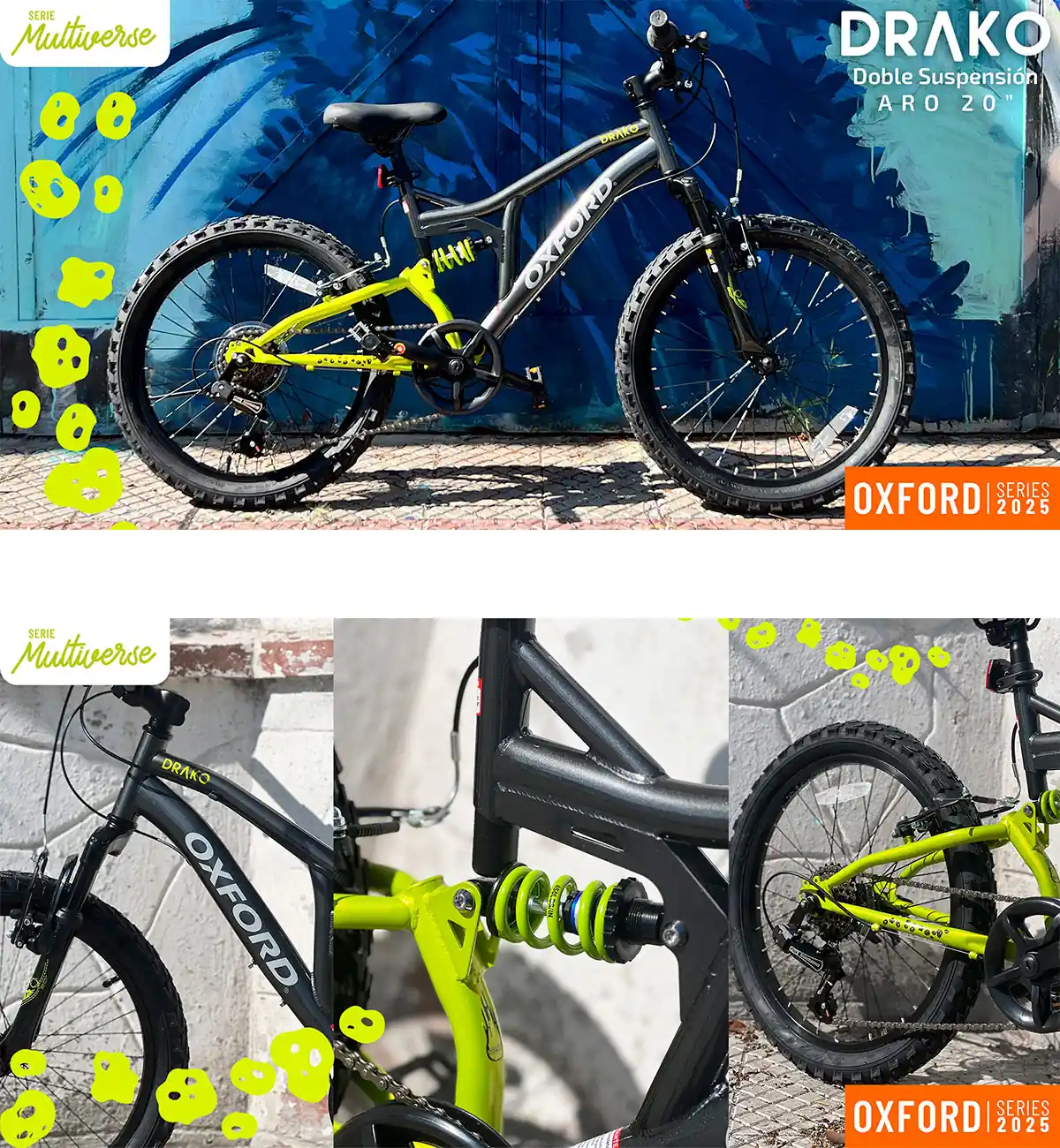 BICICLETA INFANTIL OXFORD DRAKO DOBLE SUSPENSIÓN NEGRO ARO 20